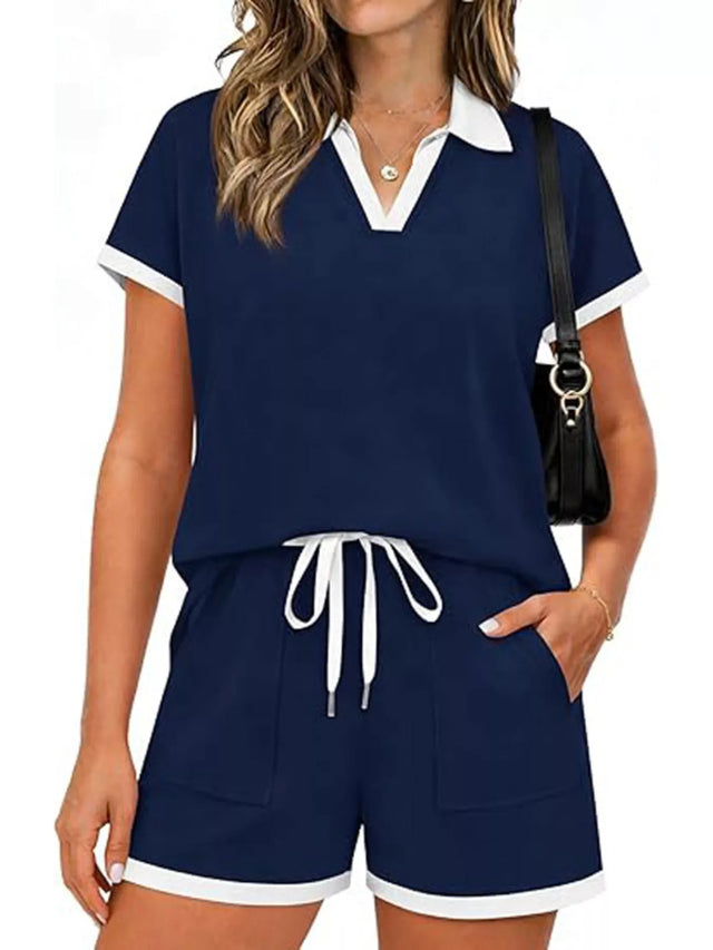Polo Collar Top and Shorts Set for Women with Contrast Trim and Pockets in Navy Blue, front view