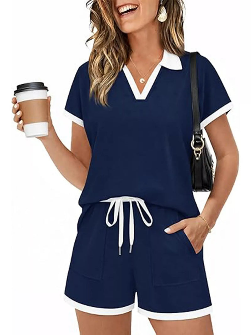 Polo Collar Top and Shorts Set for Women with Contrast Trim and Pockets in Navy Blue, front view 2