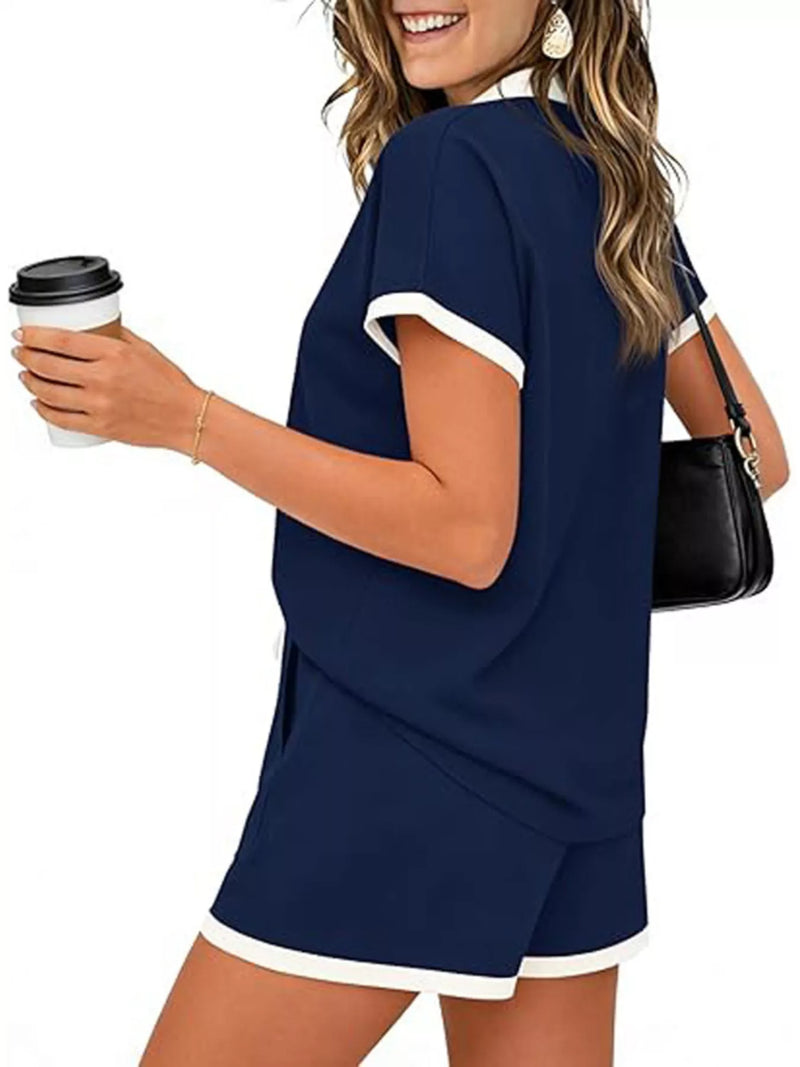 Polo Collar Top and Shorts Set for Women with Contrast Trim and Pockets in Navy Blue, side view