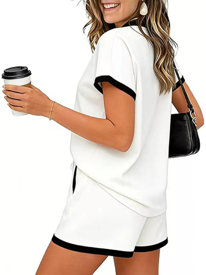 Polo Collar Top and Shorts Set for Women with Contrast Trim and Pockets in White, side view