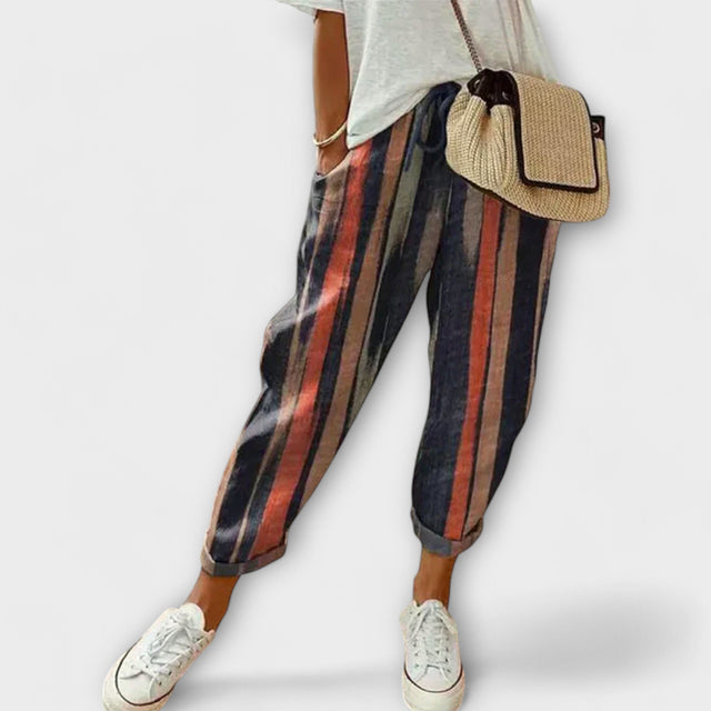 Printed Linen-Look Pants for Women with Drawstring Waist and Tapered Leg in Blue, front view