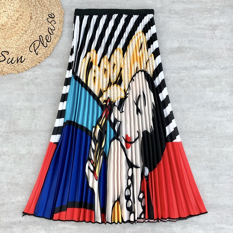 Printed Pleated Midi Skirt for Women with Elastic Waist and Bold Patterns, flat lay of another pop art print