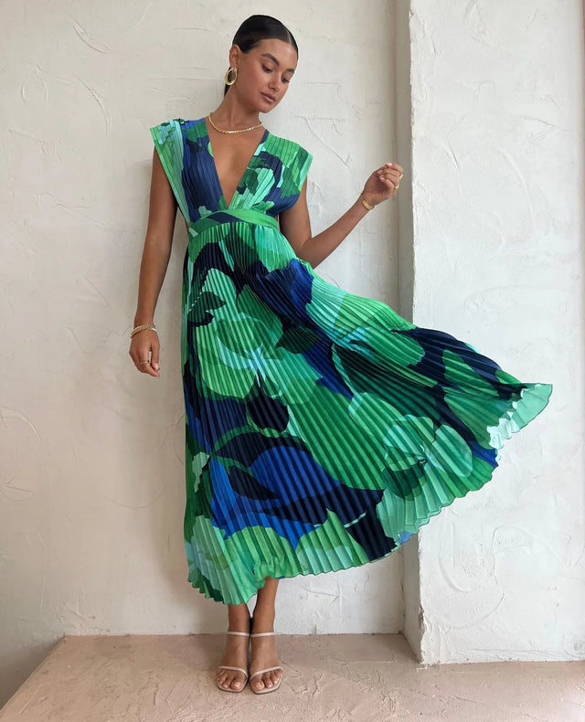 Printed Pleated Maxi Dress for Women with Plunge V-Neck and Open Back in Green, front view