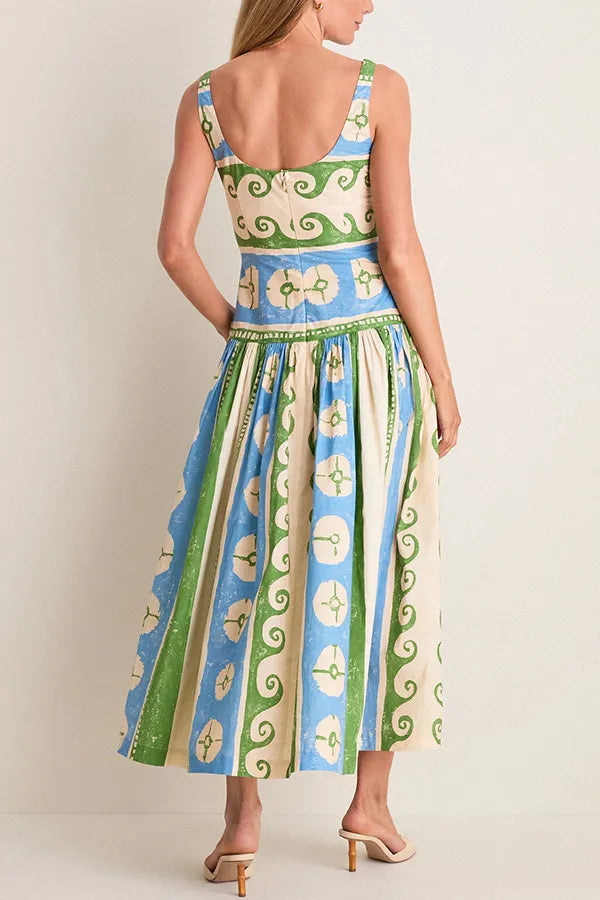 Printed Square Neck Sundress for Women with Wide Straps and Full Skirt in Green, back view