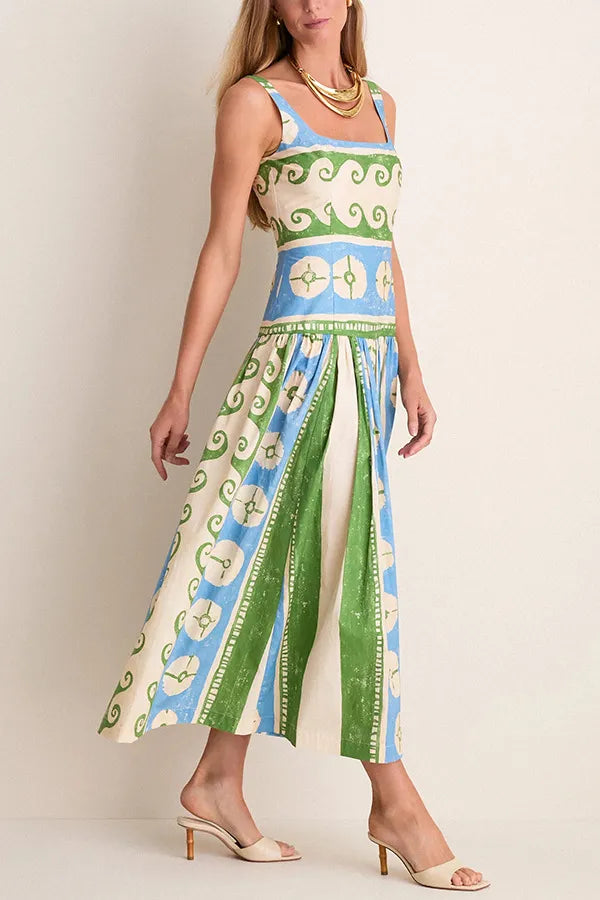 Printed Square Neck Sundress for Women with Wide Straps and Full Skirt in Green, side view