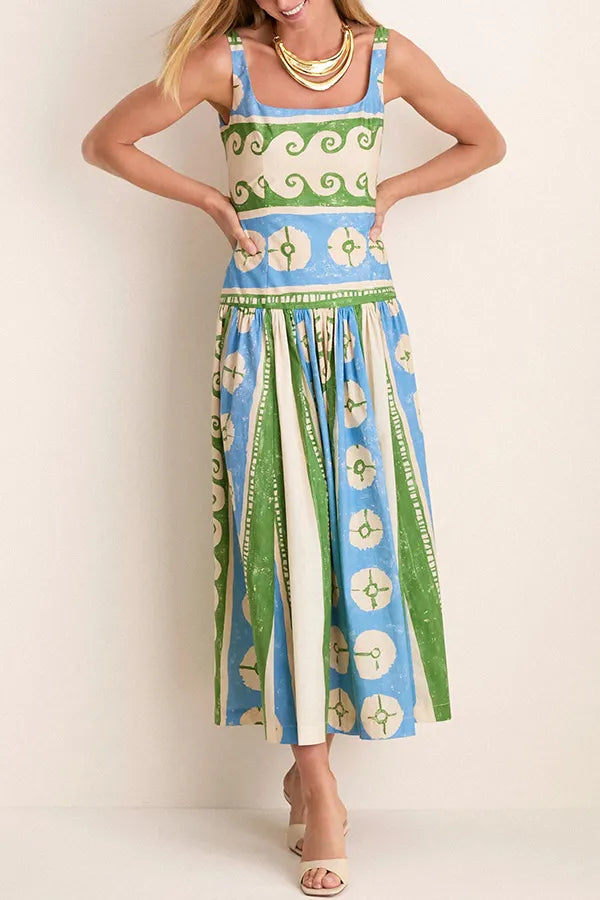Printed Square Neck Sundress for Women with Wide Straps and Full Skirt in Green, studio front view