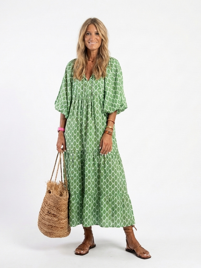 Printed Tiered Midi Dress for Women with Puff Sleeves and V-Neck in Green, front view