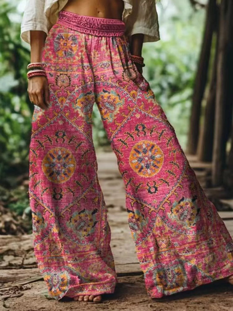 Printed Wide Leg Pants for Women with Smocked Elastic Waist in Dusty Pink, front view