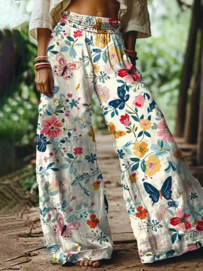 Printed Wide Leg Pants for Women with Smocked Elastic Waist in White, front view 2