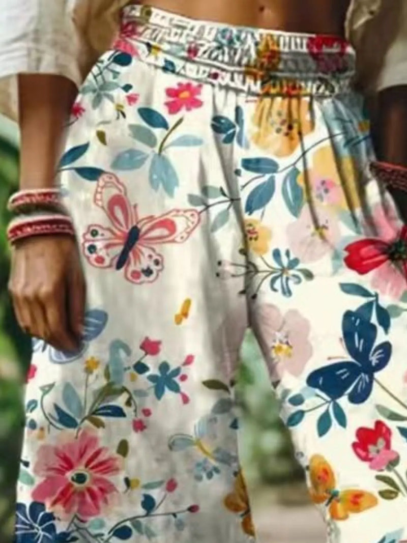 Printed Wide Leg Pants for Women with Smocked Elastic Waist in White, print close-up