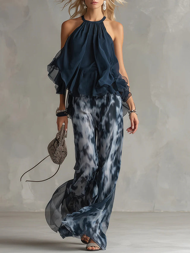 Printed Wide Leg Pants Set for Women with Chiffon Halter Top in Navy, front view