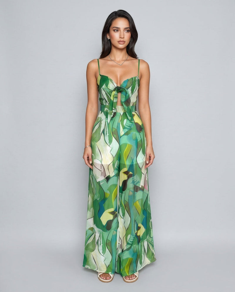 Printed Wide Leg Jumpsuit for Women with Tie Front and Smocked Back in Green, front view 2