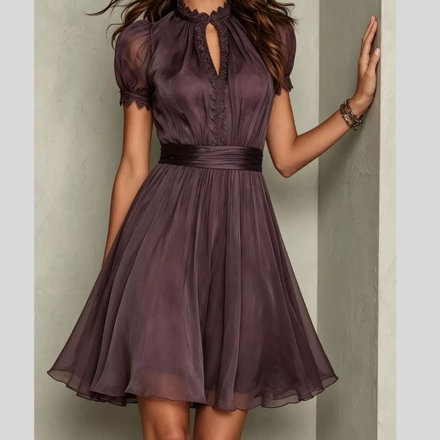 Puff Sleeve A Line Dress for Women with Lace Trim and Keyhole Neck in Plum, front view