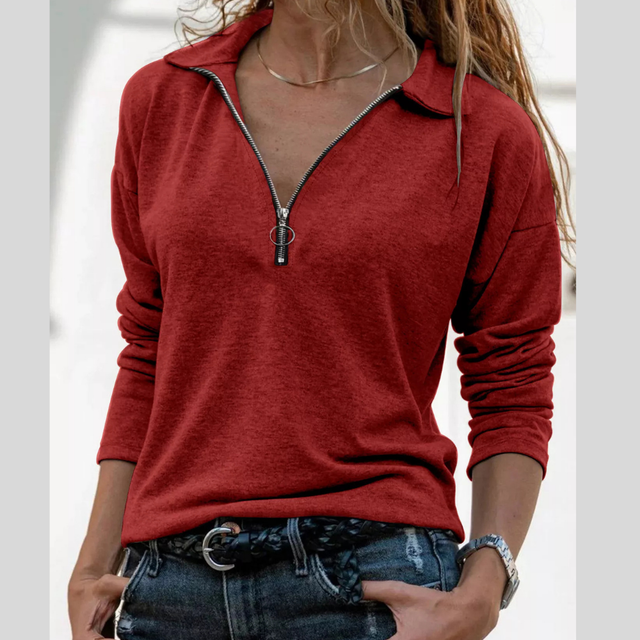 Quarter Zip Collared Top for Women with Long Sleeves and Relaxed Fit in Red, front view