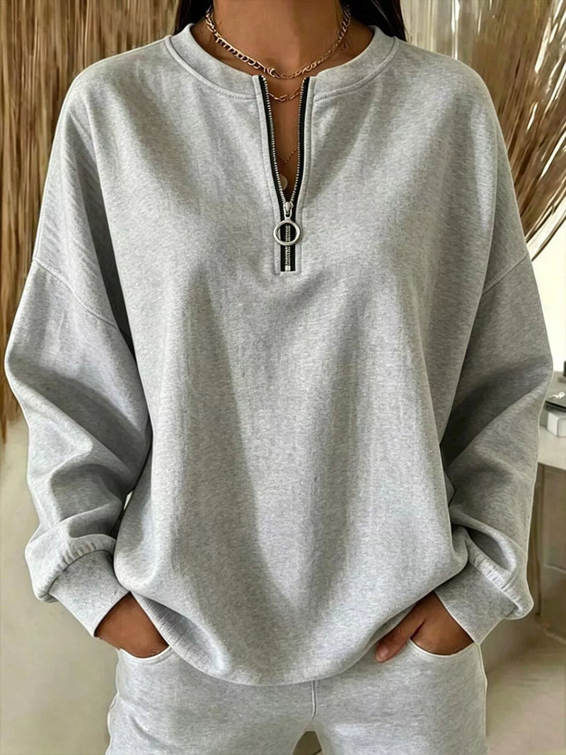 Quarter Zip Sweatshirt for Women with Drop Shoulders and Ring Zip Pull in Gray, front view