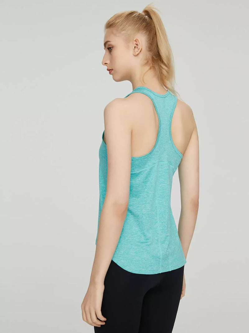 Racerback Active Tank for Women with V-Neck and Quick Dry Fabric in Aqua, back three-quarter view