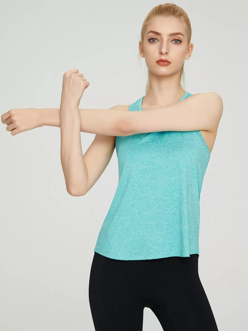 Racerback Active Tank for Women with V-Neck and Quick Dry Fabric in Aqua, front view stretching