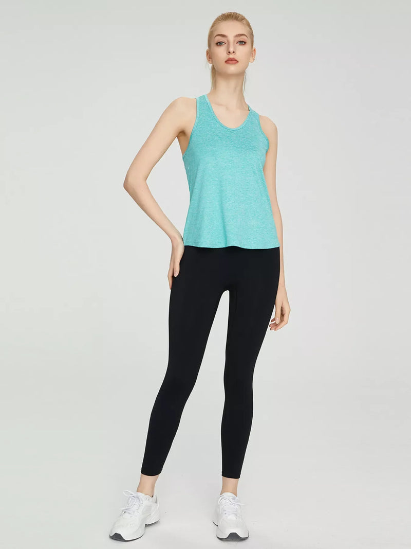 Racerback Active Tank for Women with V-Neck and Quick Dry Fabric in Aqua, full length view