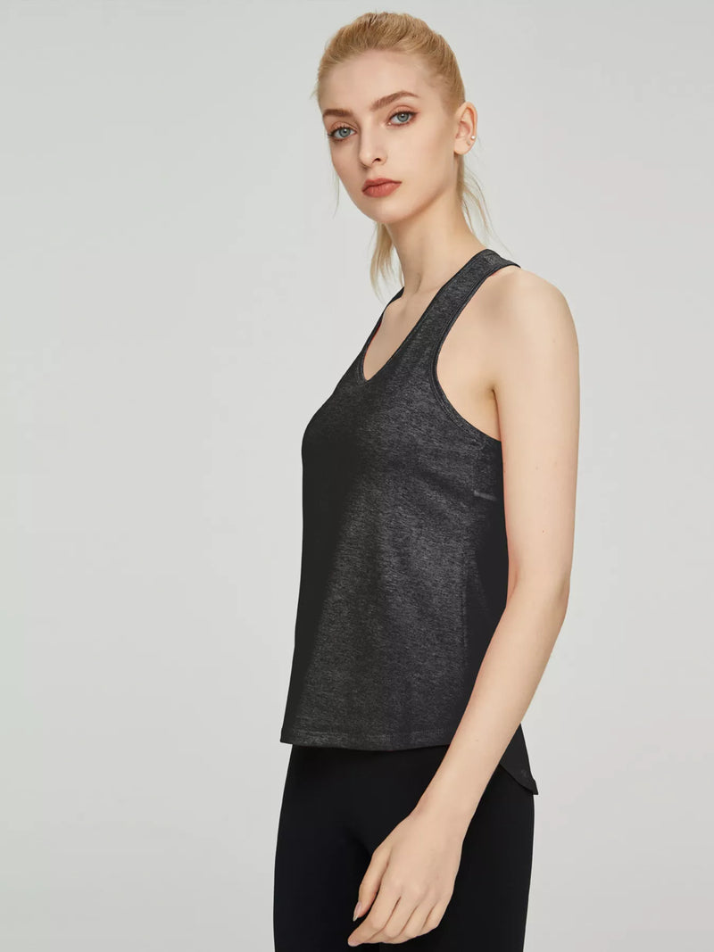 Racerback Active Tank for Women with V-Neck and Quick Dry Fabric in Black, three-quarter view