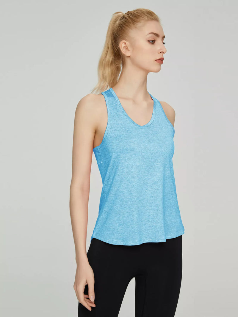 Racerback Active Tank for Women with V-Neck and Quick Dry Fabric in Sky Blue, three-quarter view