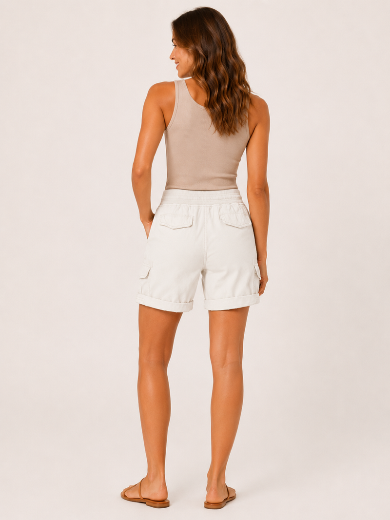 Relaxed Drawstring Cargo Shorts for Women with Flap Pockets and Rolled Hem in White, back view 2