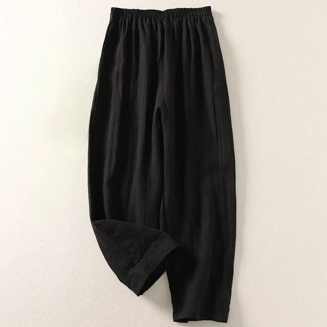 Relaxed Linen-Look Pants for Women with Elastic Waist and Side Pockets in Black, flat lay