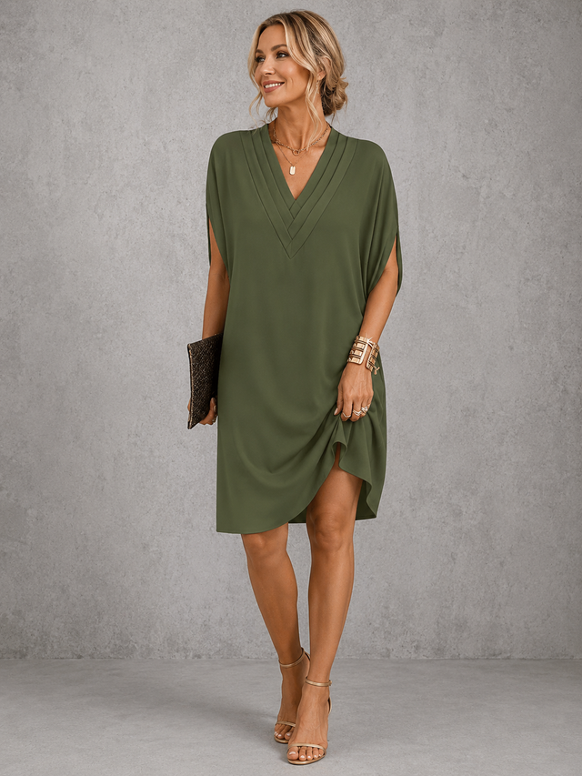 Shift Dress for Women with Batwing Split Sleeves and Pleated V Neck in Olive Green, front view