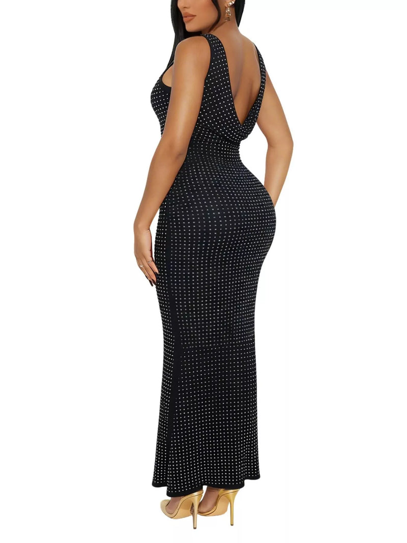 Rhinestone Bodycon Maxi Dress for Women with Scoop Neck and Cowl Back in Black, back view