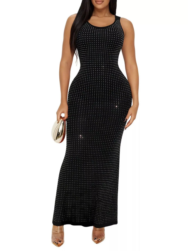 Rhinestone Bodycon Maxi Dress for Women with Scoop Neck and Cowl Back in Black, front view