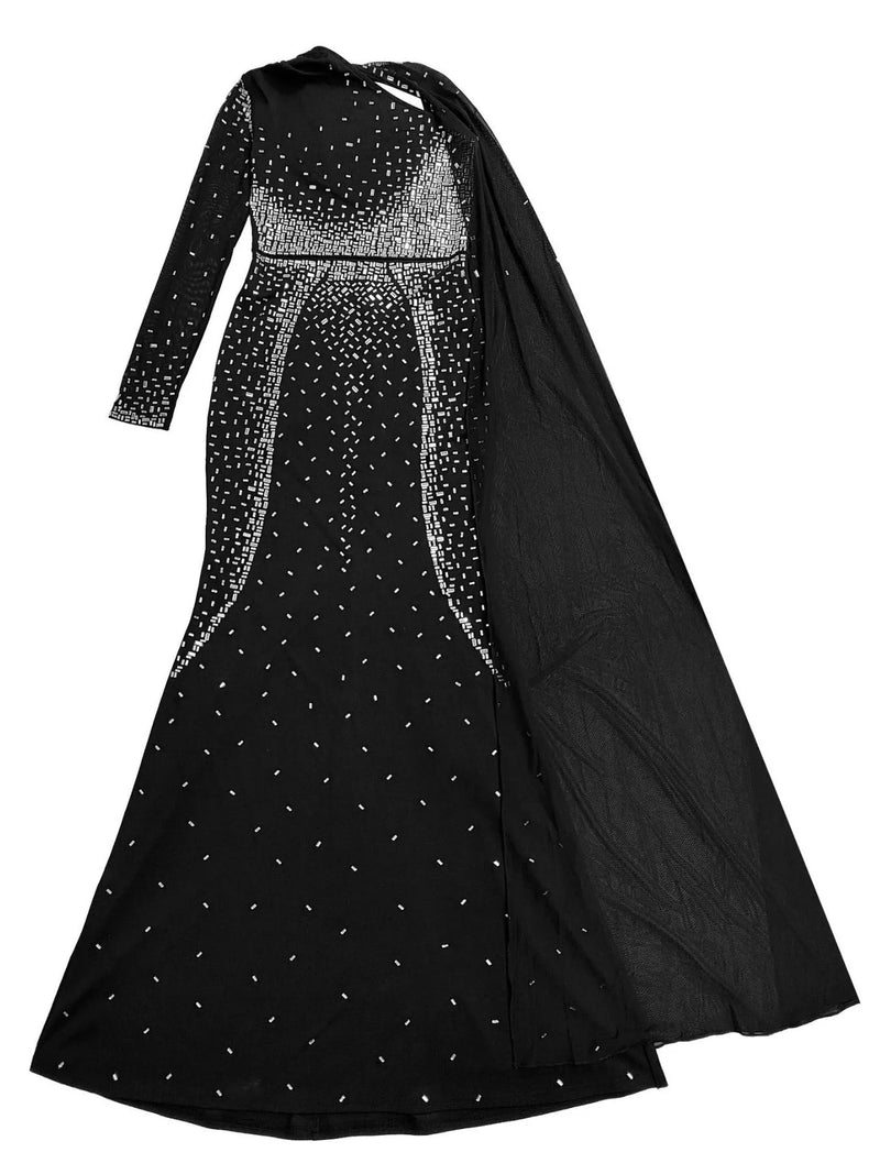 Formal Cape Maxi Dress for Women with Rhinestones and Sheer Mesh Sleeve in Black, flat lay