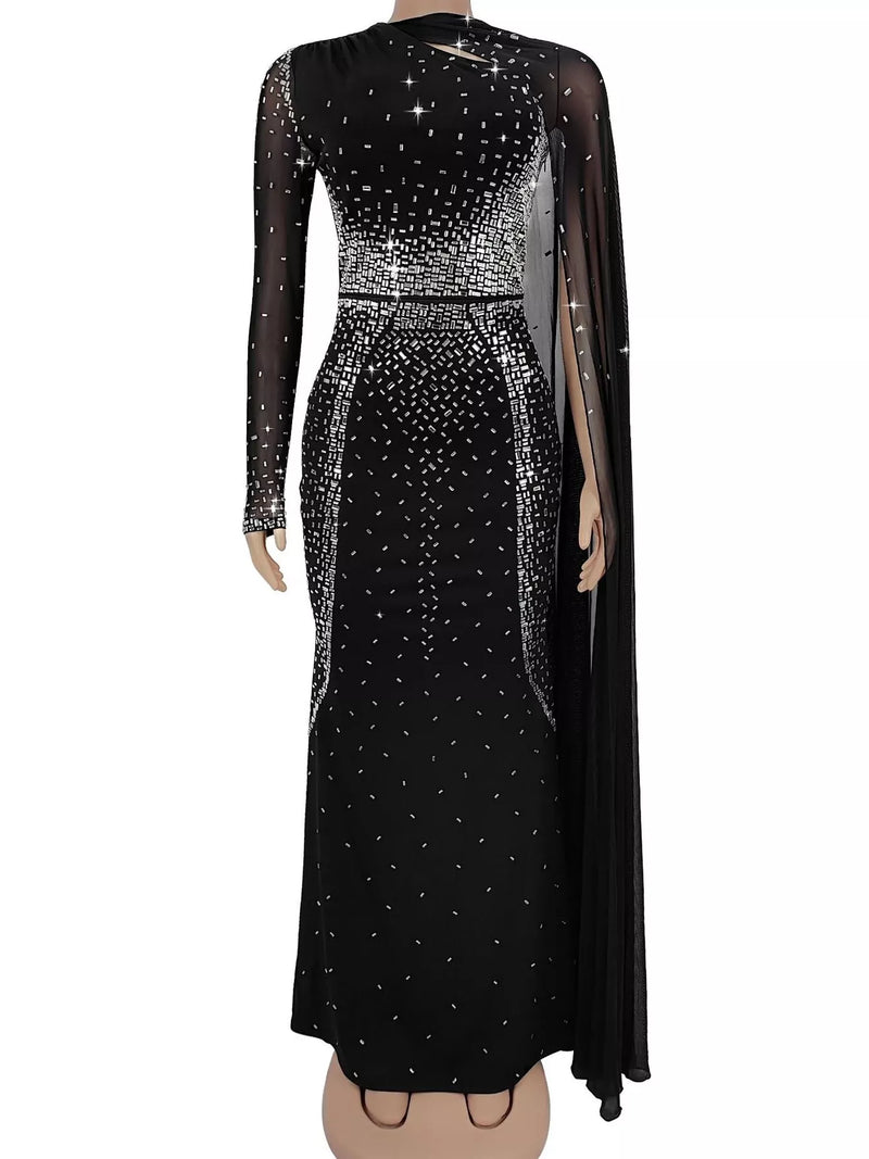 Formal Cape Maxi Dress for Women with Rhinestones and Sheer Mesh Sleeve in Black, mannequin front view