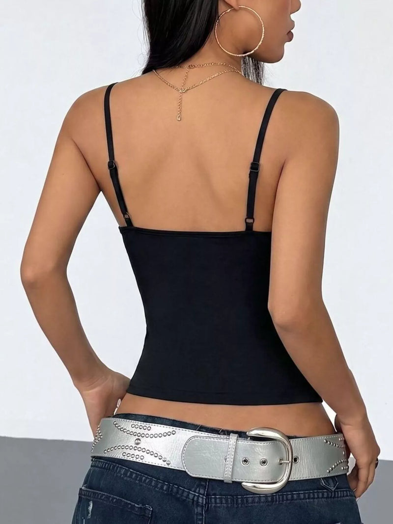 Rhinestone Spider Web Cami Top for Women with Adjustable Straps in Black, back view