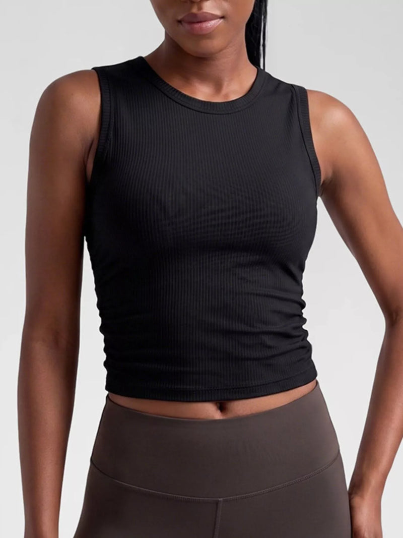 Ribbed Active Tank for Women with Crew Neck and Ruched Sides in Black, front view