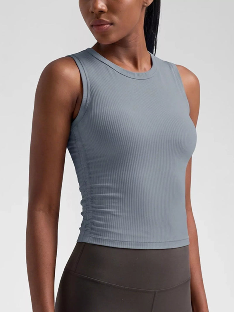 Ribbed Active Tank for Women with Crew Neck and Ruched Sides in Blue Gray, front view