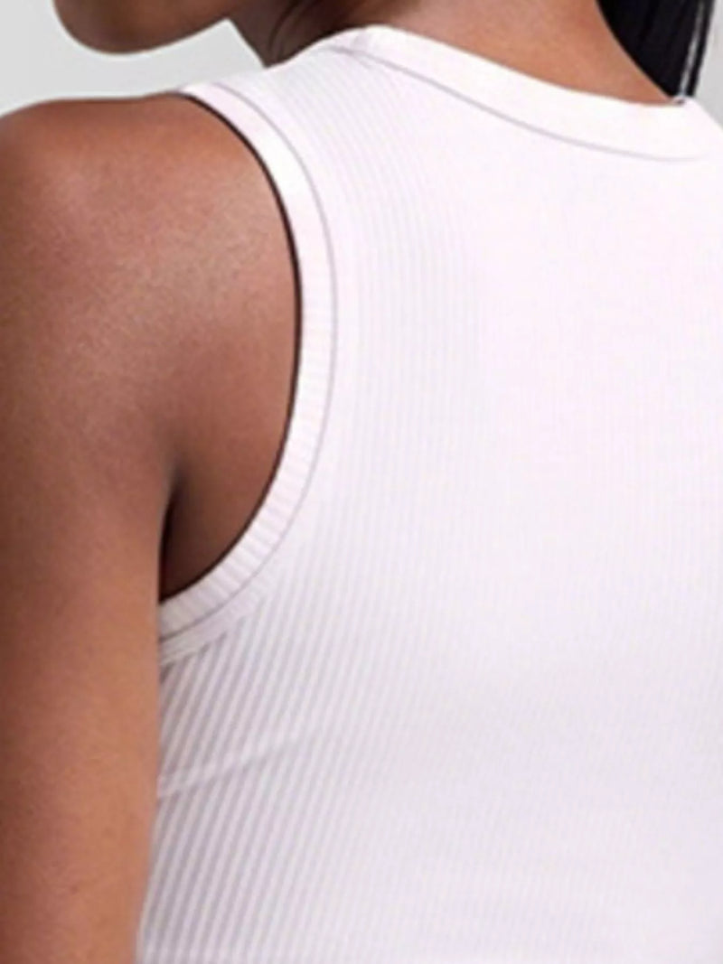 Ribbed Active Tank for Women with Crew Neck and Ruched Sides in White, rib close-up
