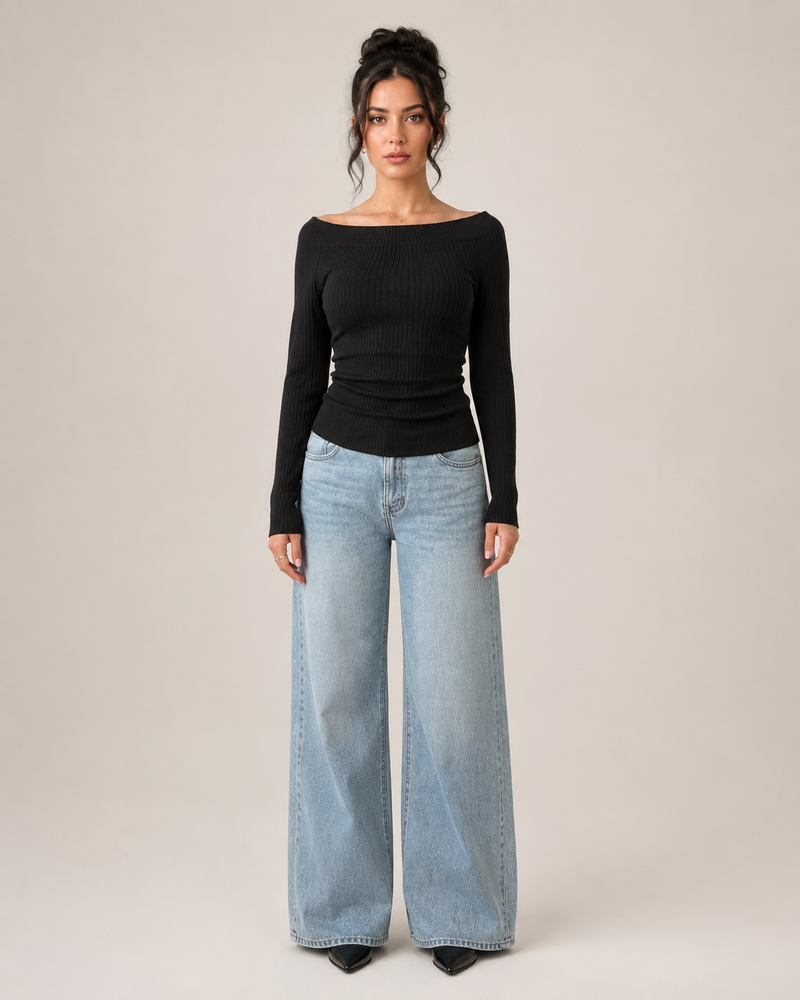 Boat Neck Long Sleeve Top for Women with Ribbed Knit and Slim Fit in Black, front view 2