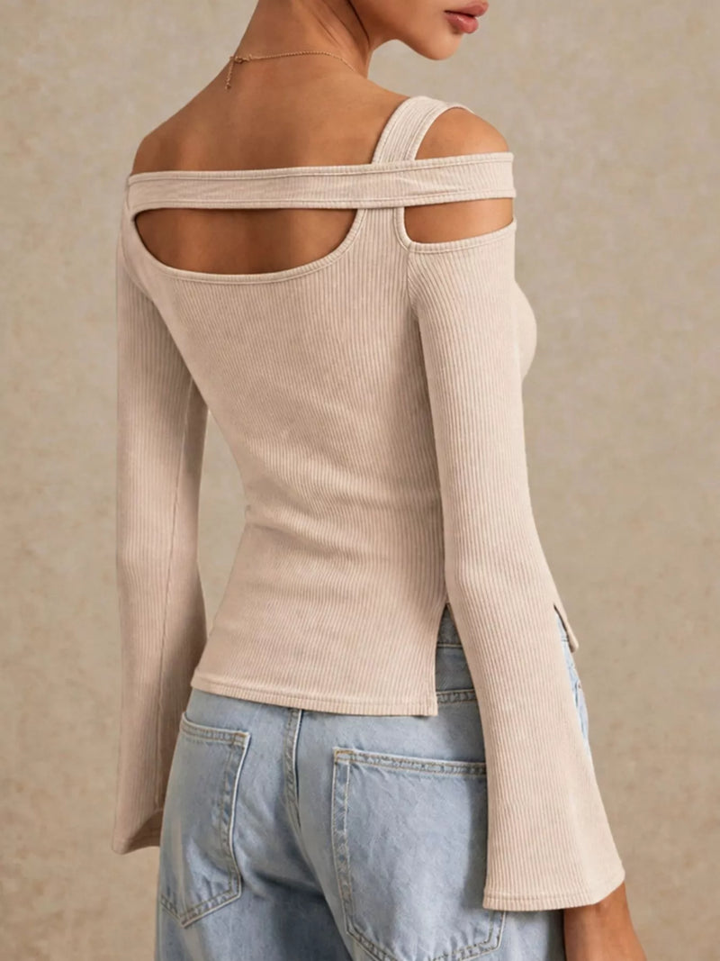Long-Sleeve Top for Women with Off-Shoulder Straps and Chest Cut Out in Beige, back view