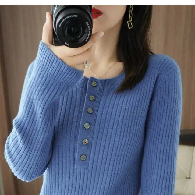 Henley Sweater for Women with Slim Ribbed Knit and Long Button Placket in Blue, front view 4