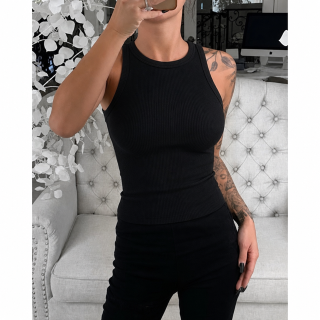 Ribbed High Neck Tank Top for Women with Fitted Cut and Curved Hem in Black, front view
