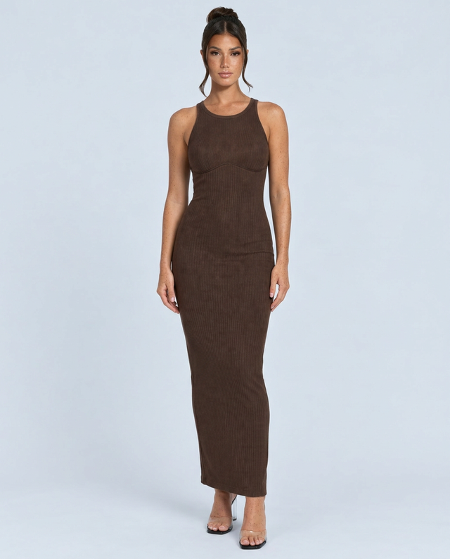 Ribbed Knit Maxi Dress for Women with Open Back and Cross Straps in Brown, front view