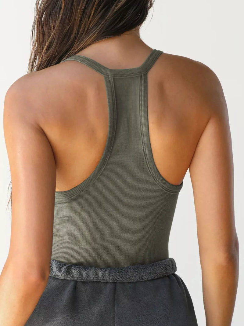 Ribbed Racerback Tank Top for Women with V-Neck and Stretch Fit in Army Green, back view