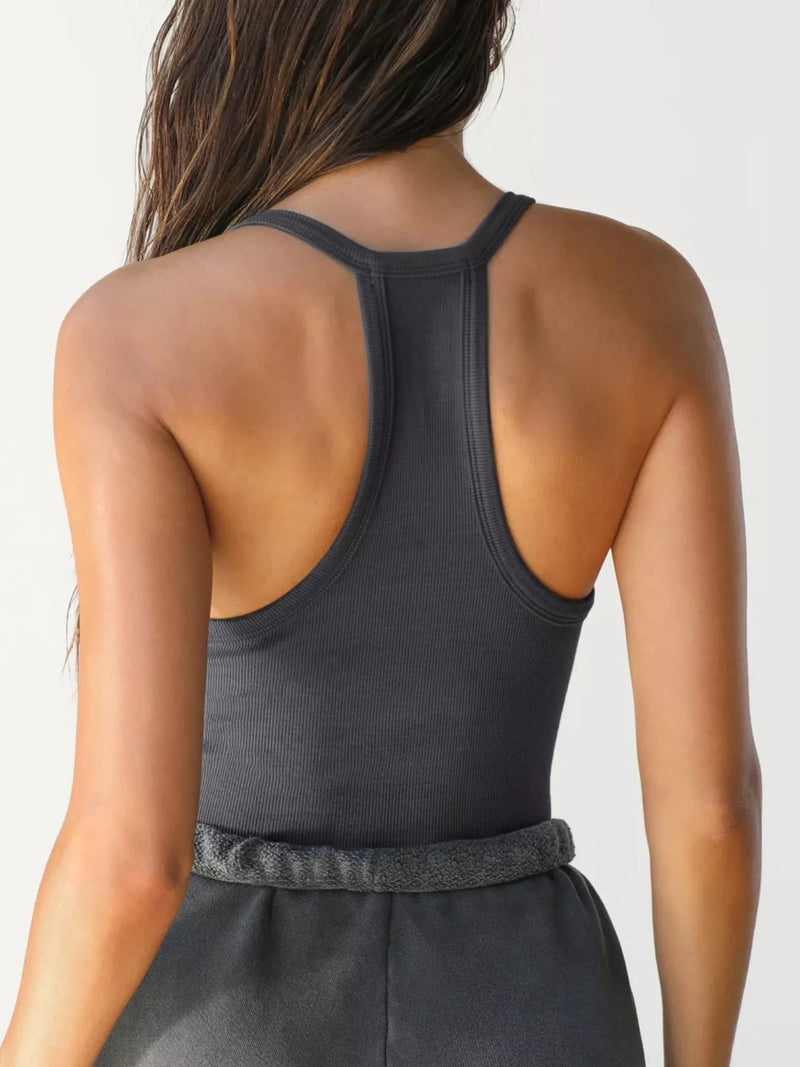 Ribbed Racerback Tank Top for Women with V-Neck and Stretch Fit in Dark Gray, back view