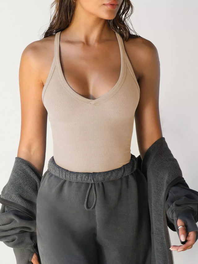 Ribbed Racerback Tank Top for Women with V-Neck and Stretch Fit in Khaki, front view