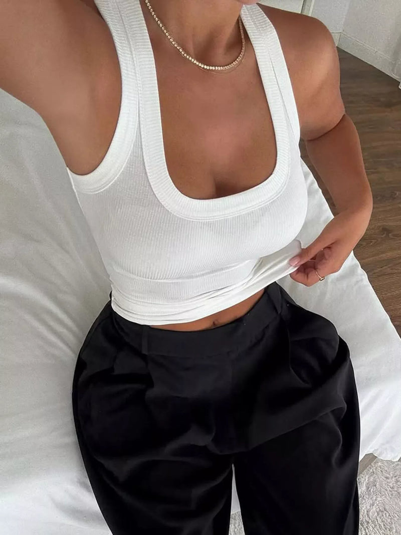 Ribbed Scoop Neck Tank Top for Women with Wide Straps and Stretch Fit in White, front view 2