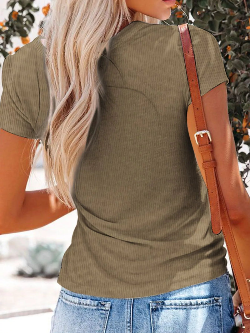 Ribbed Henley T-Shirt for Women with V Neck and Button Placket in Khaki, back view