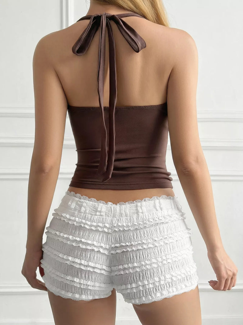 Ruched Halter Neck Top for Women with Sweetheart Neckline and Tie Back in Brown, back view