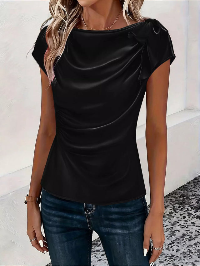 Satin Top for Women with Ruched Boat Neck and Knotted Shoulder in Black, front view 2