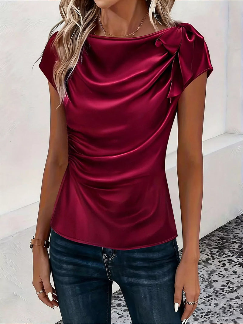 Satin Top for Women with Ruched Boat Neck and Knotted Shoulder in Burgundy, front view