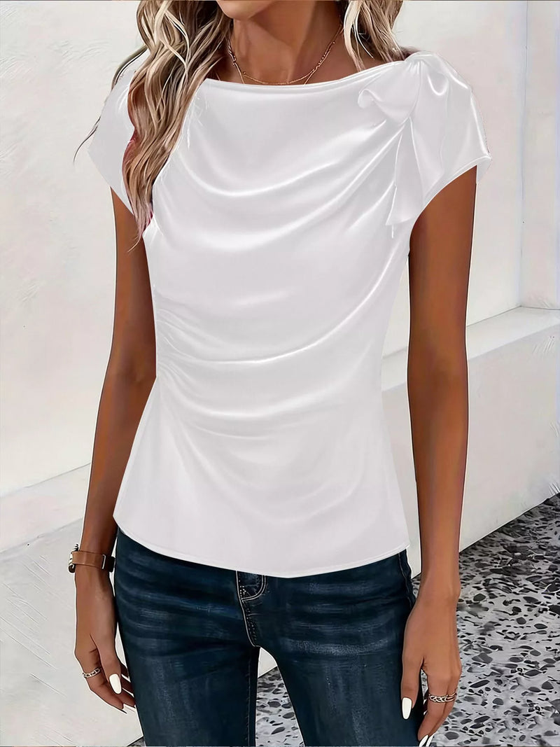 Satin Top for Women with Ruched Boat Neck and Knotted Shoulder in White, front view