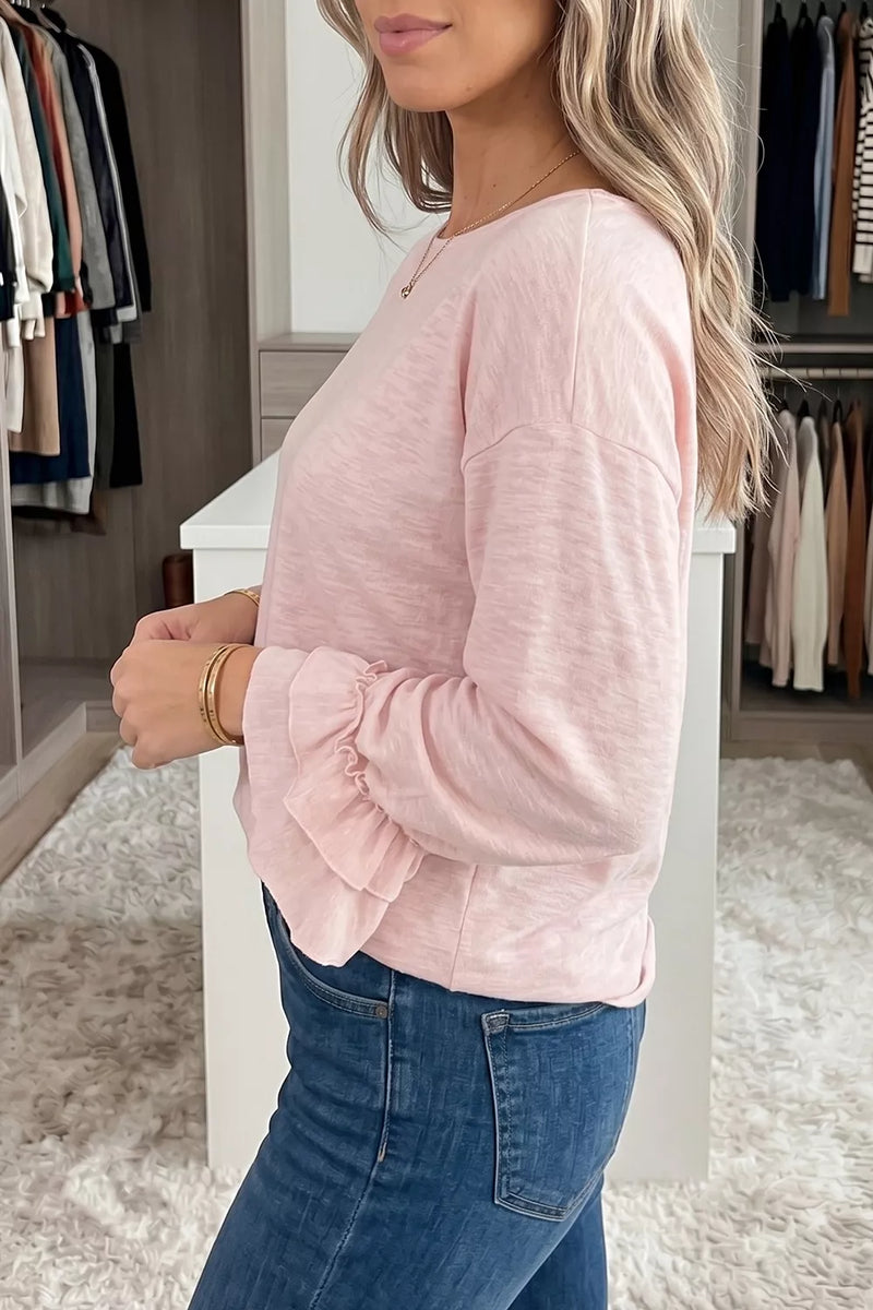 Long-Sleeve Top for Women with Tiered Ruffle Cuffs and Slub Knit in Dusty Pink, styled side view
